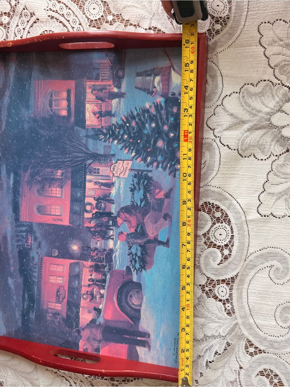Vintage Hallmark Red Holiday Serving Tray with Vintage Winter Scene - Picture 6 of 6